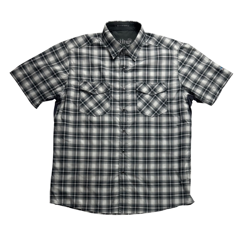 Kuhl Mens Gray Plaid Rumblr Short Sleeve Button Down Hiking Shirt Large